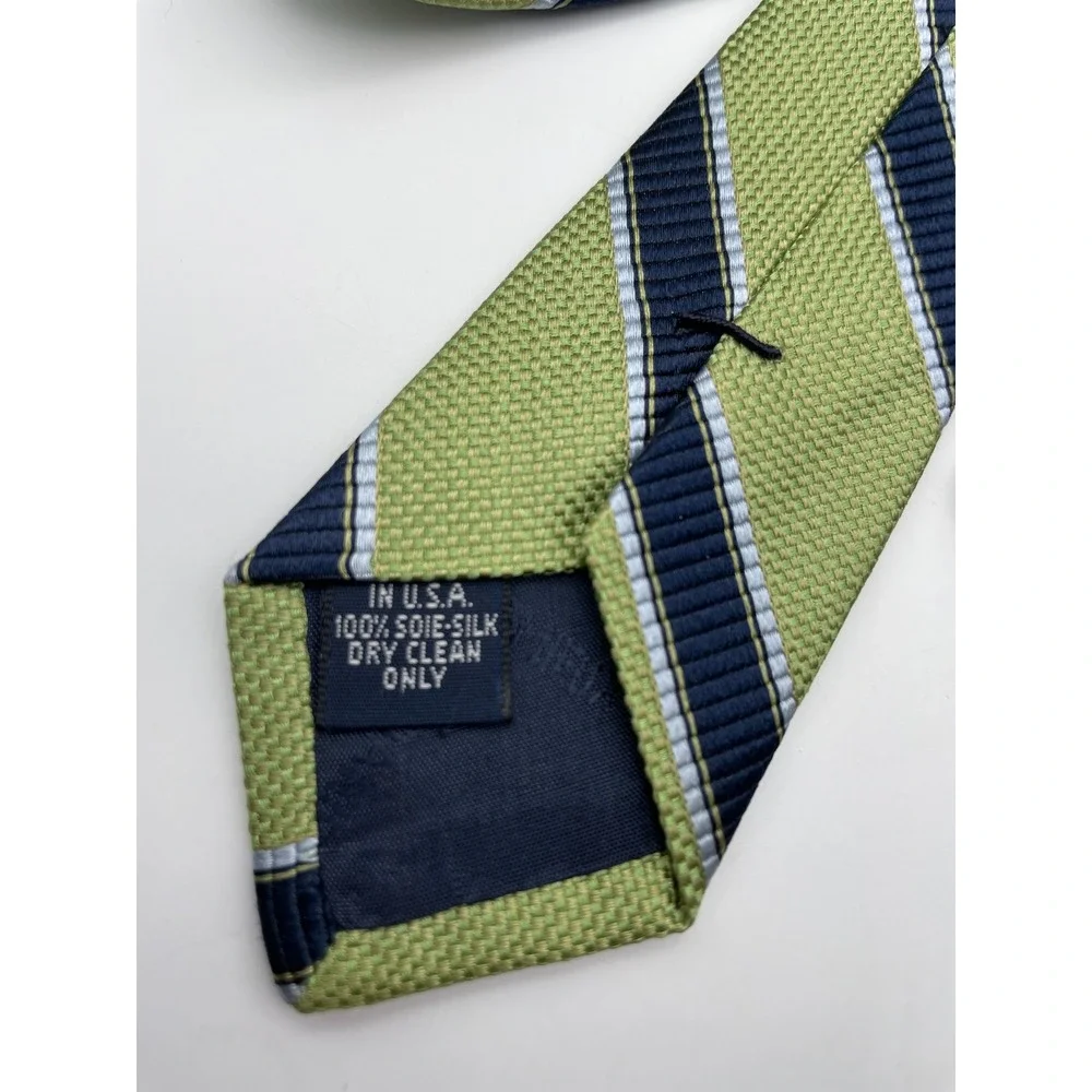 Cremieux Mens Silk Necktie Green Navy Blue Diagonal Striped Made in USA Classic